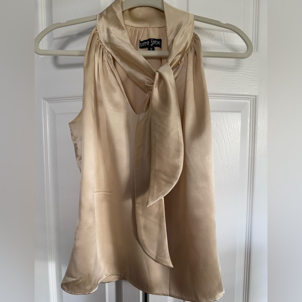 Sarah Jayne Tan/Gold Sleeveless Satin Tie Front Blouse